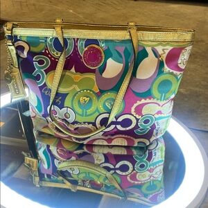 Coach Multicolor Graphic Tote with Gold Accents